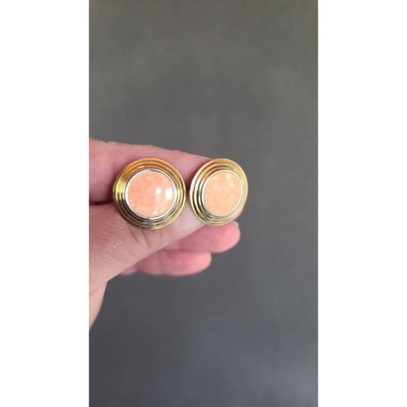 Circular Peach Enamel Clip-on Earrings - Picture 6 of 10
